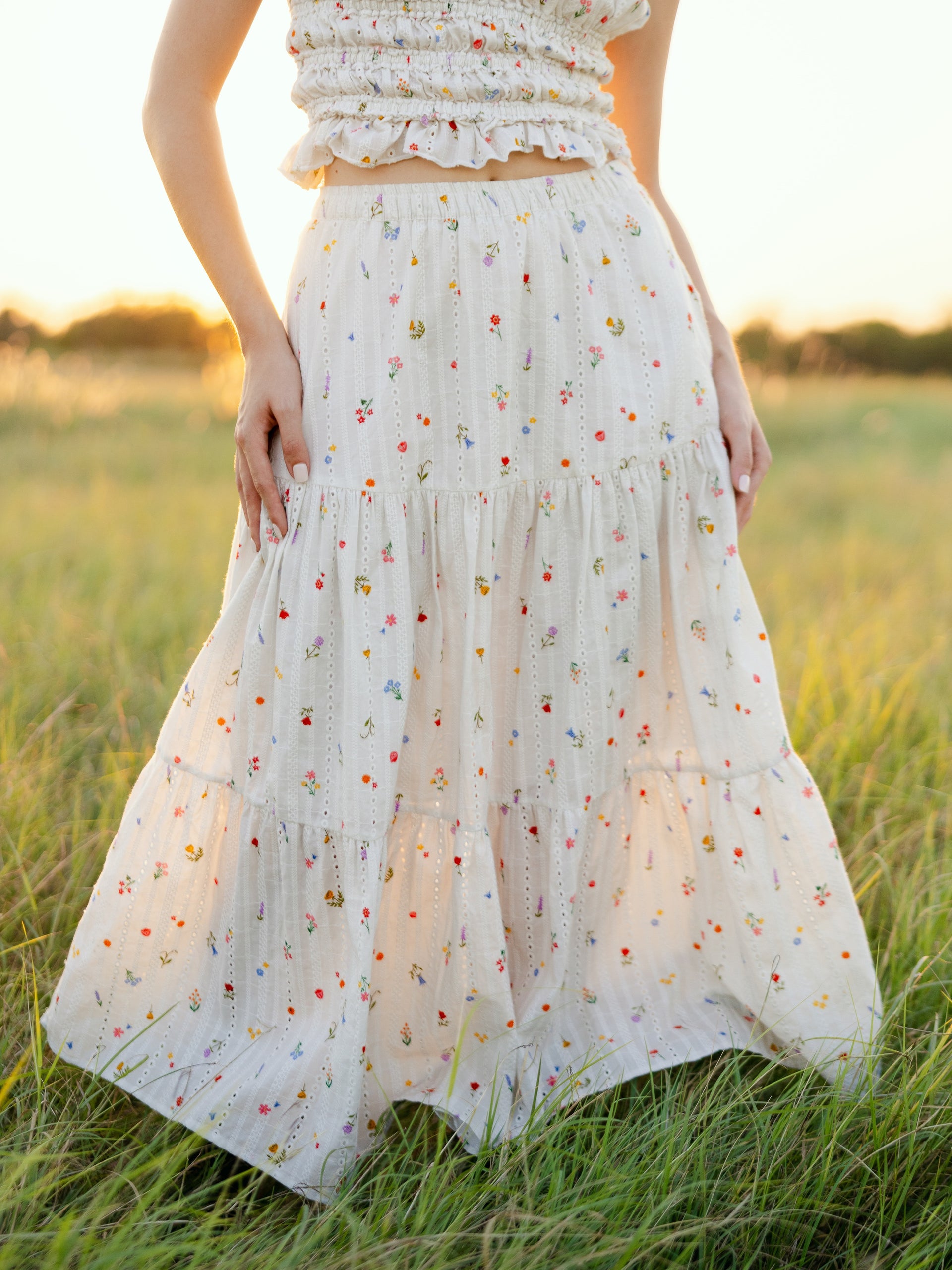 brandy melville white maxi dress Flowy Tiered Eyelet Skirt