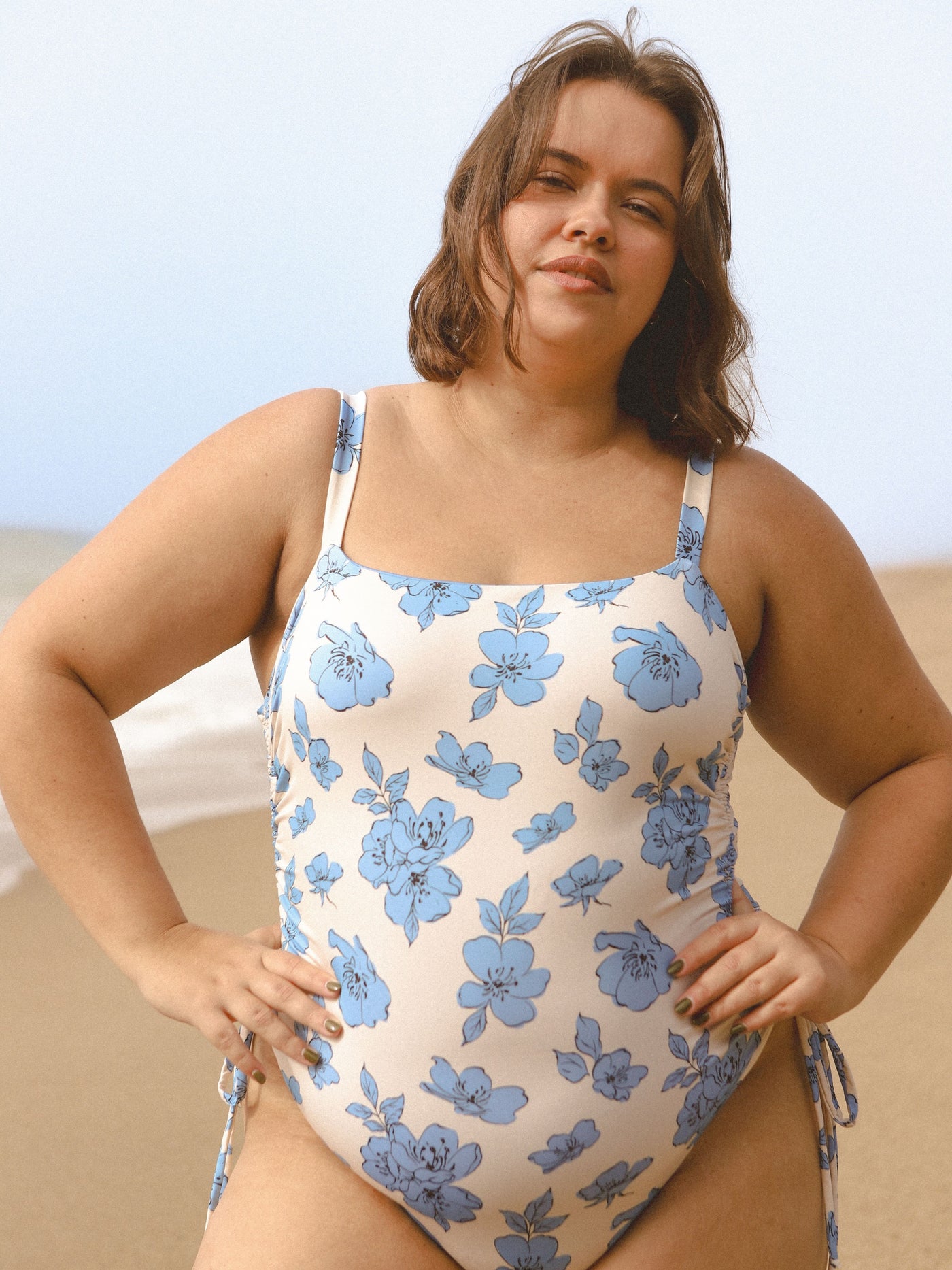 Ruched Square Neck One Piece in Blue Floral