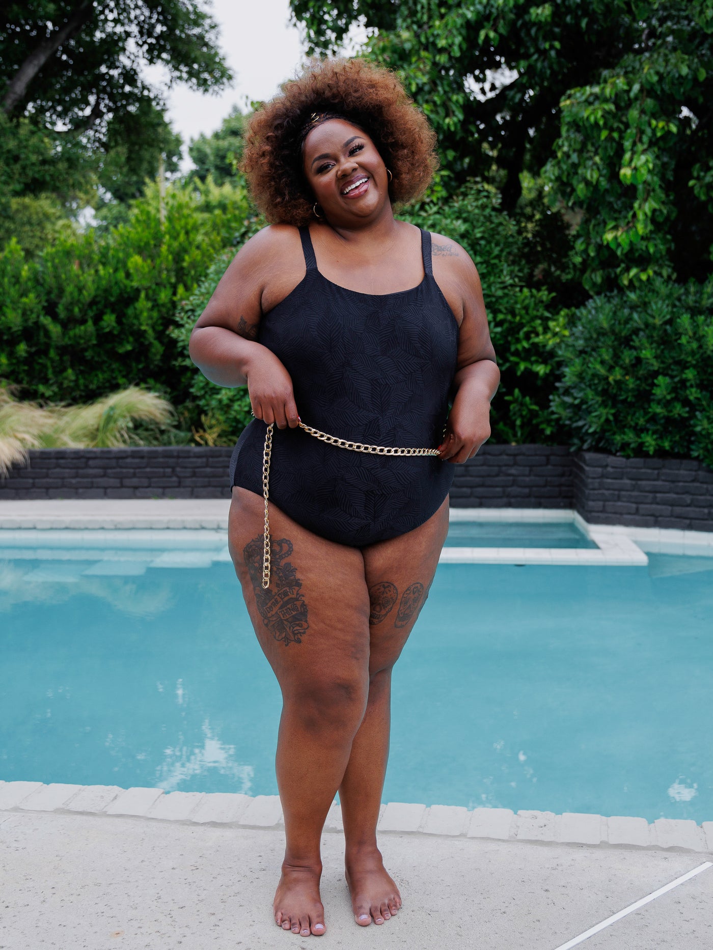 Shelf Bra One Piece With Chain Belt in Black Tropic