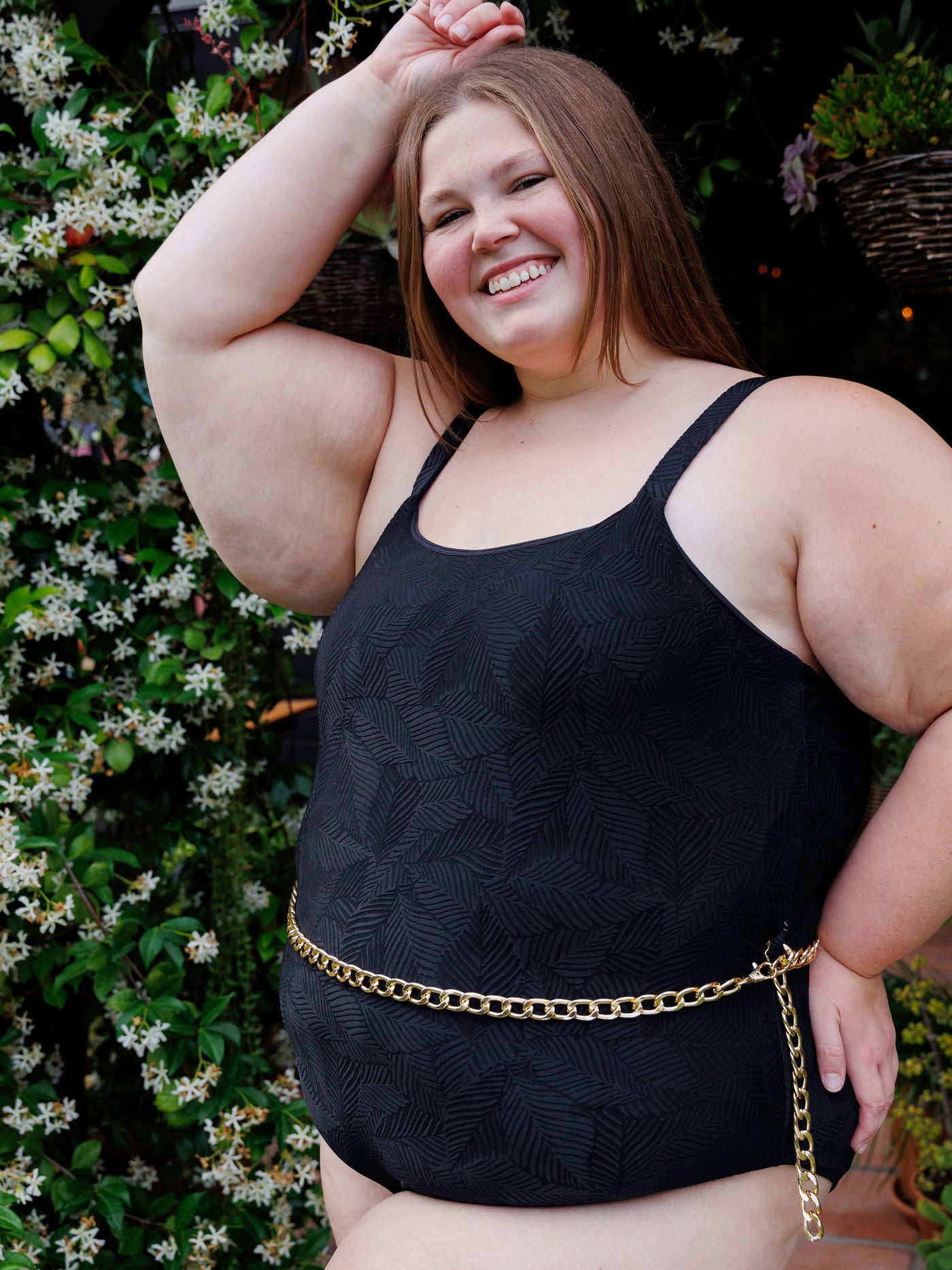 Shelf Bra One Piece With Chain Belt in Black Tropic